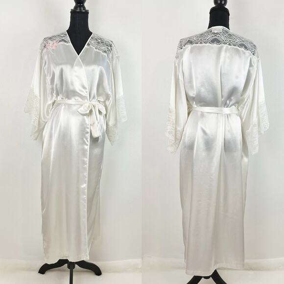 Vintage Val Mode Lingerie Robe White Silky Lace Floral Embroidered Large - Picture 1 of 9